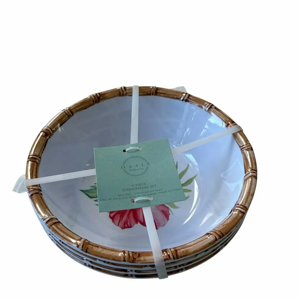 4pc Tropical Hibiscus Melamine Salad Bowls 7.5in Bamboo Rim Indoor Outdoor NEW